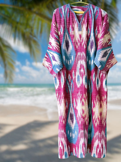 Cotton Ikat Caftan Dress Pink and Blue