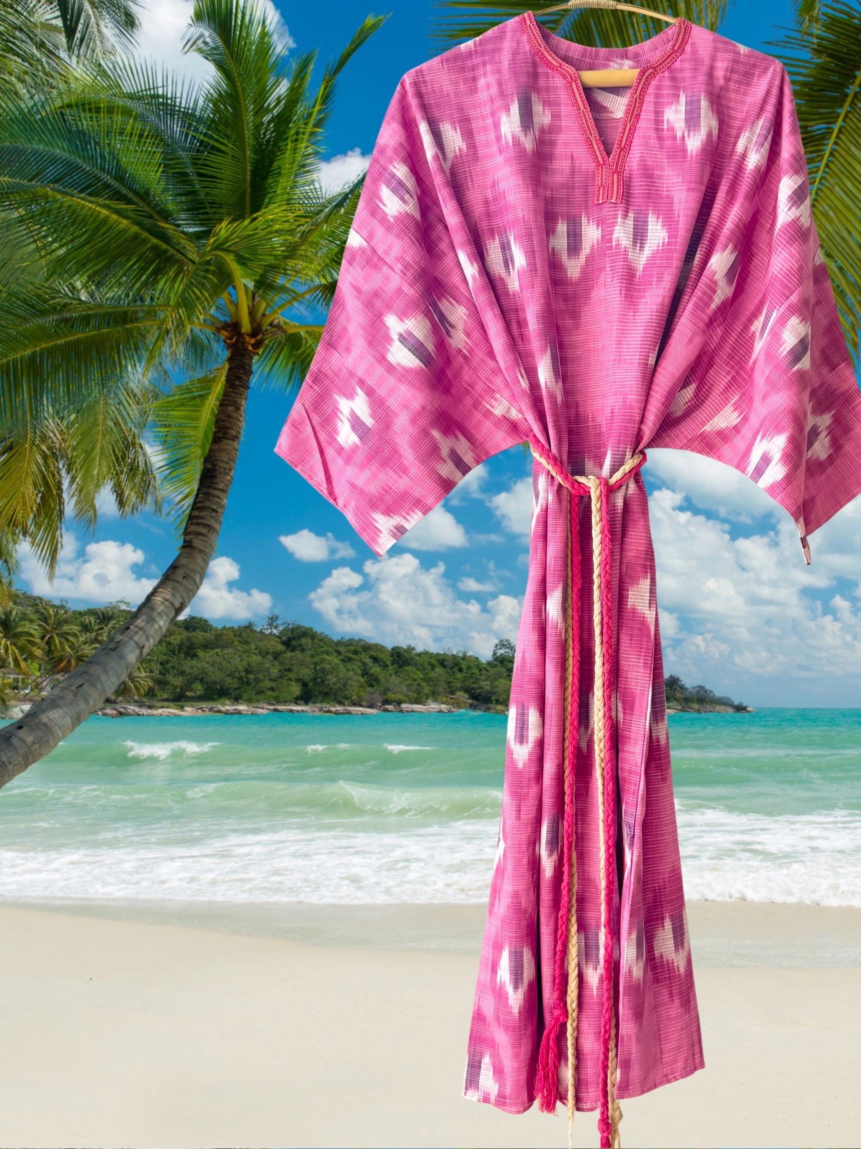 Pink and white cotton ikat caftan dress, lightweight one-size summer caftan, handcrafted and comfortable.