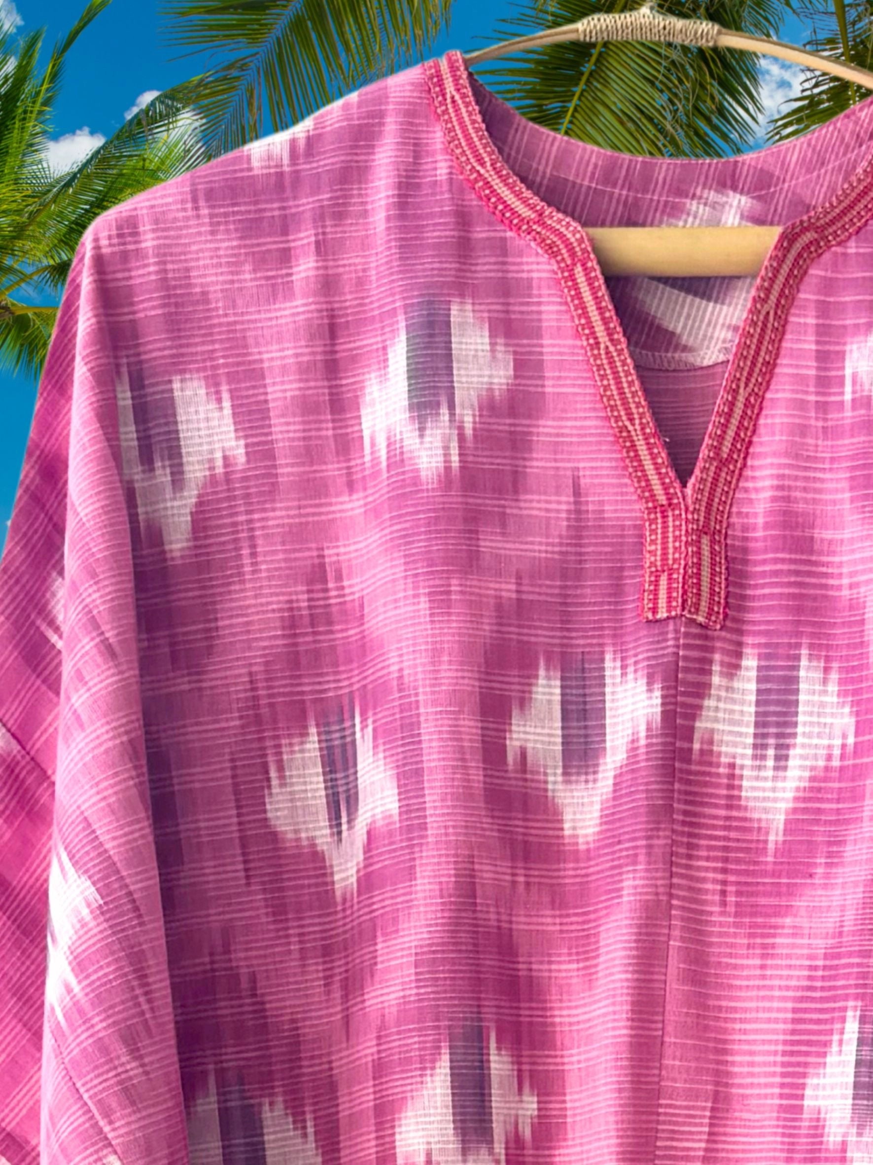 Handmade pink and white ikat caftan dress, lightweight cotton summer caftan for holiday and resort wear.