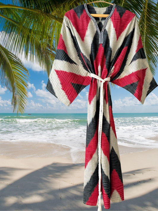 Cotton Ikat Caftan Dress Red and Black Zigzag