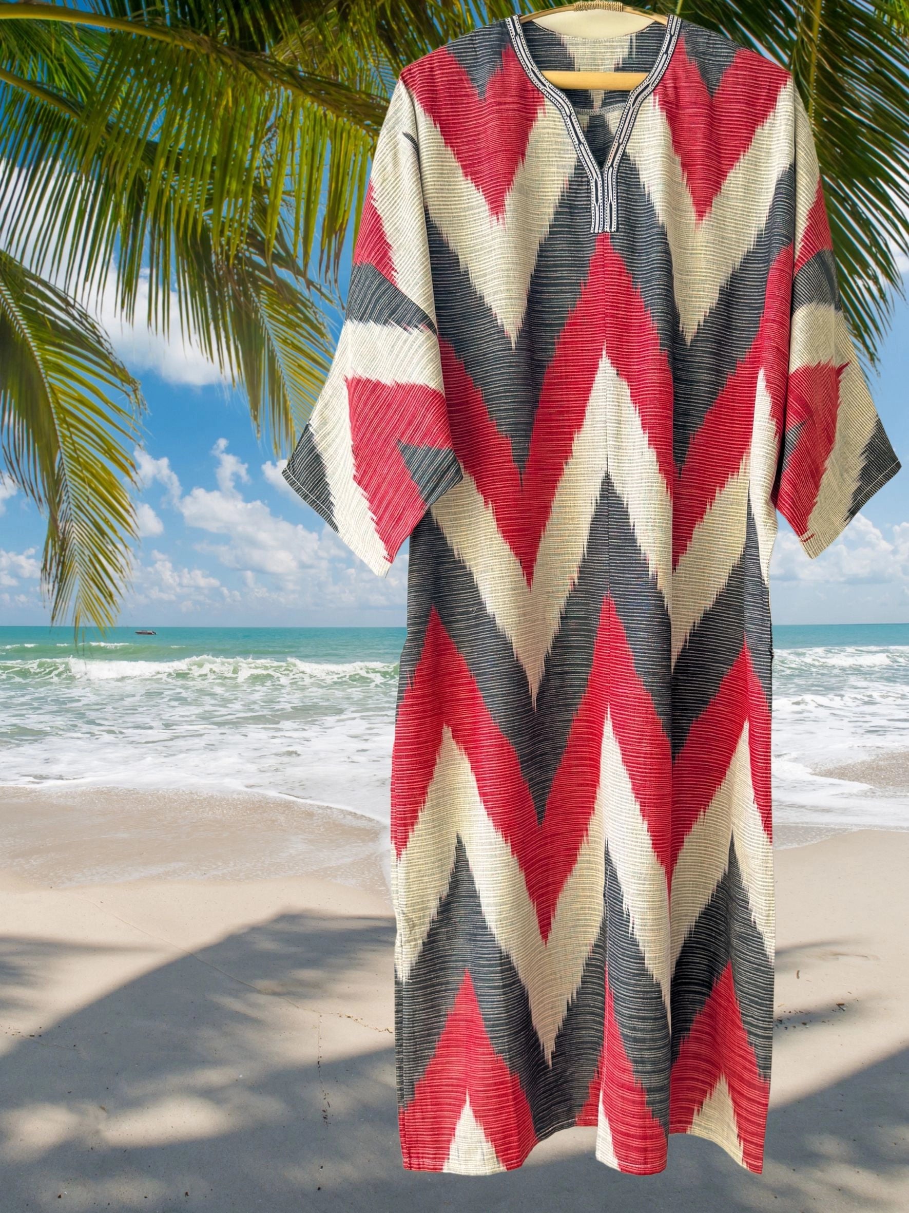 Red and white cotton ikat caftan dress, lightweight one-size summer caftan, handcrafted and comfortable.