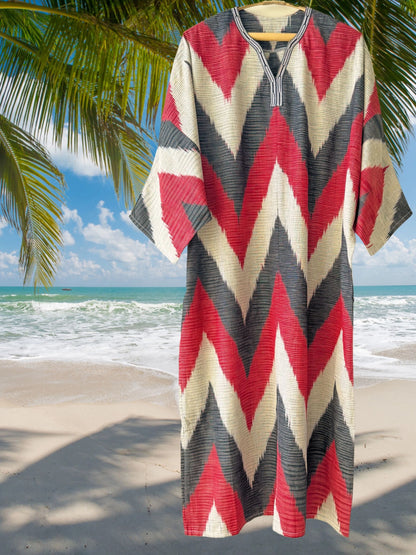 Red and white cotton ikat caftan dress, lightweight one-size summer caftan, handcrafted and comfortable.