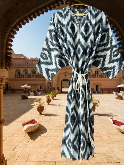 Cotton Ikat Caftan Dress White and Black