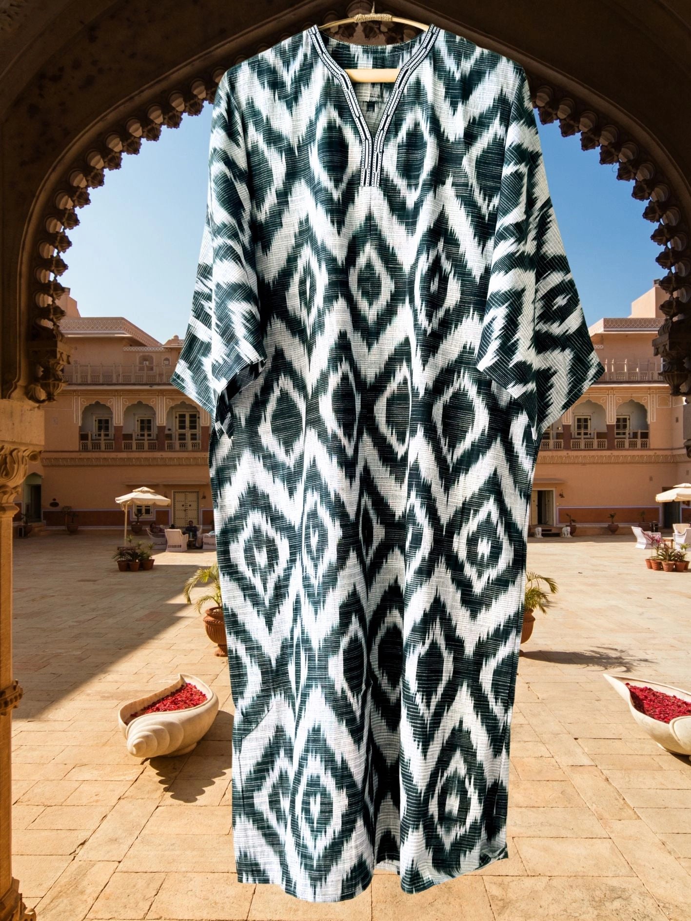 Cotton Ikat Caftan Dress White and Black