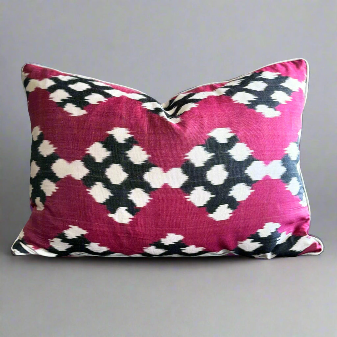 Order Fuchsia Pink & Blue Ikat Velvet Cushion Covers with Traditional Pattern, Front side is 100% Silk Velvet, Back side is Soft Burgundy Fabric