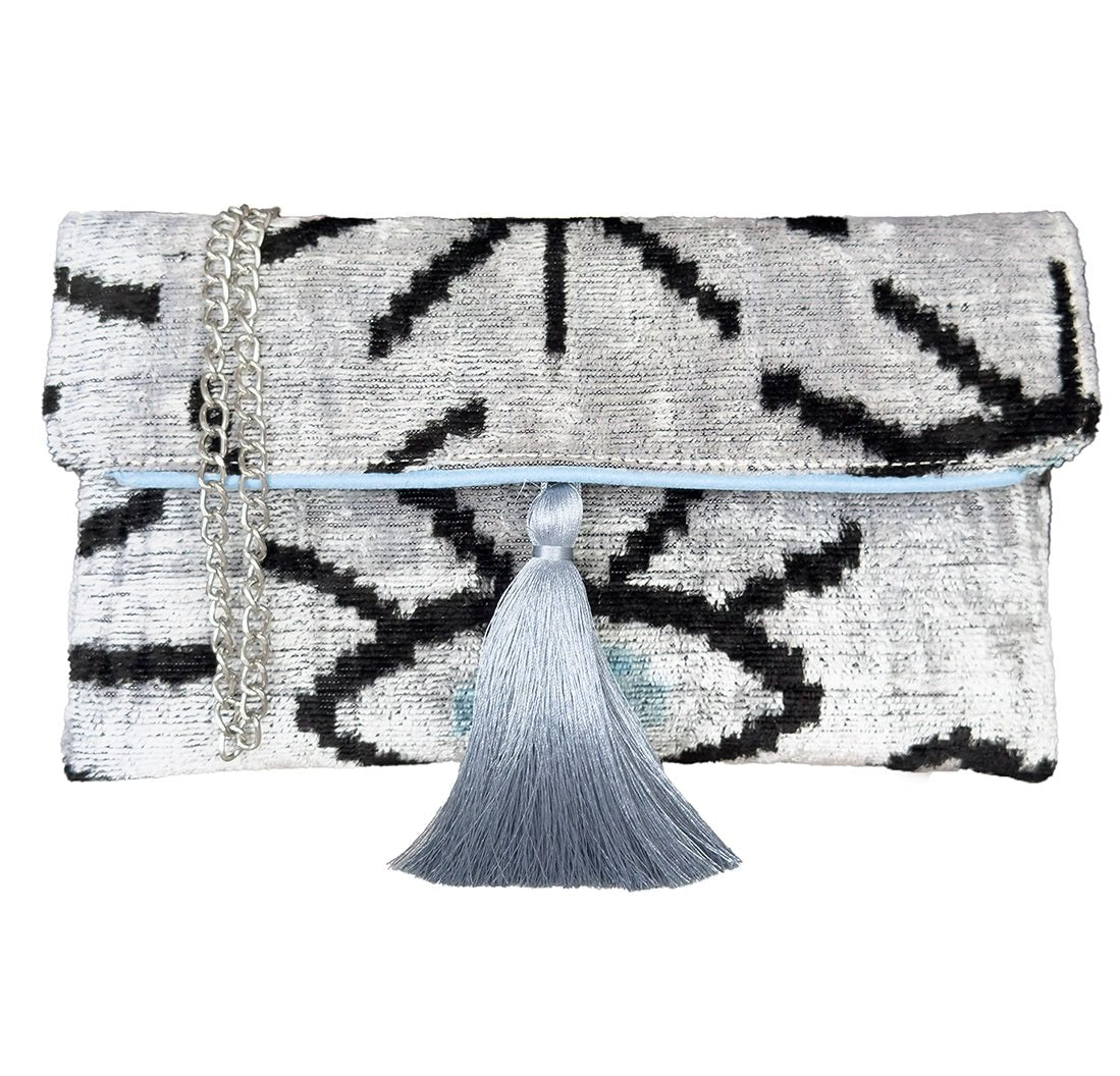Luxury Silk Velvet Ikat Clutch – Blue Evil Eye Bag