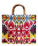 Multicolor Ikat Velvet Large Tote Bag with Geometric and Floral Patterns bamboo handle