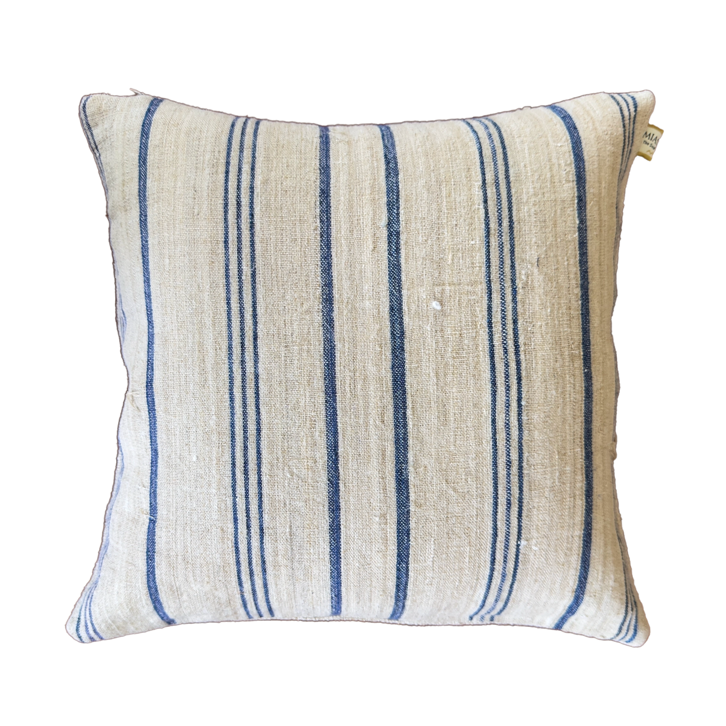 Handmade organic vintage linen cushion cover with classic blue stripes on natural linen fabric, square decorative pillow cover, 40×40 cm.