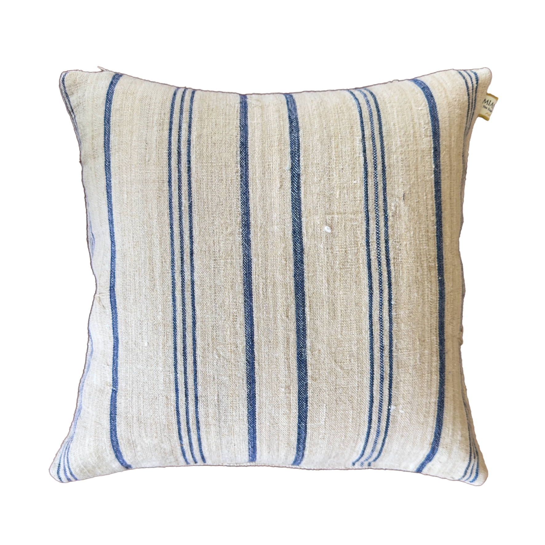 Handmade organic vintage linen cushion cover with classic blue stripes on natural linen fabric, square decorative pillow cover, 40×40 cm.