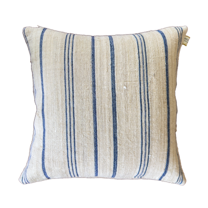 Handmade organic vintage linen cushion cover with classic blue stripes on natural linen fabric, square decorative pillow cover, 40×40 cm.