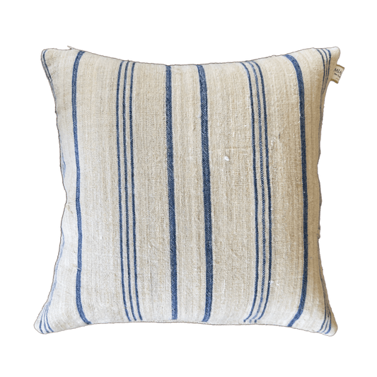 Handmade organic vintage linen cushion cover with classic blue stripes on natural linen fabric,square decorative pillow cover