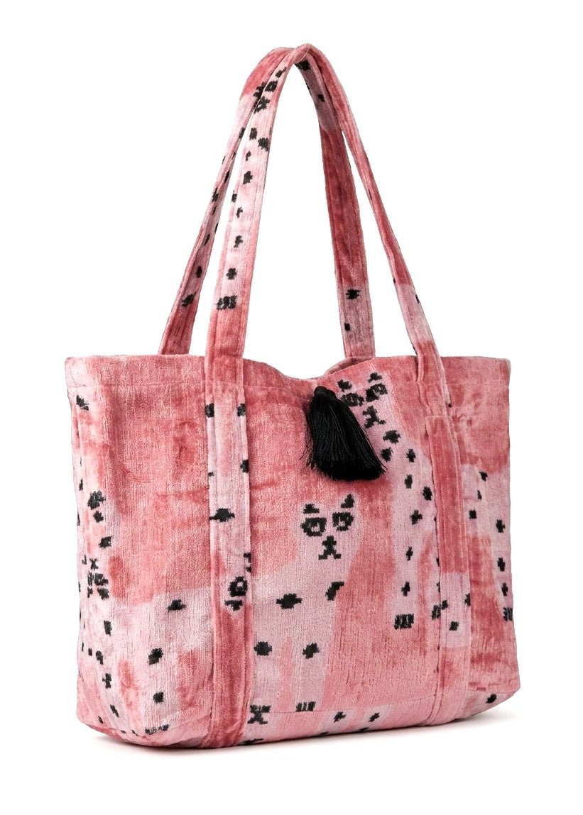 Blush pink velvet shoulder bag with cat motif design