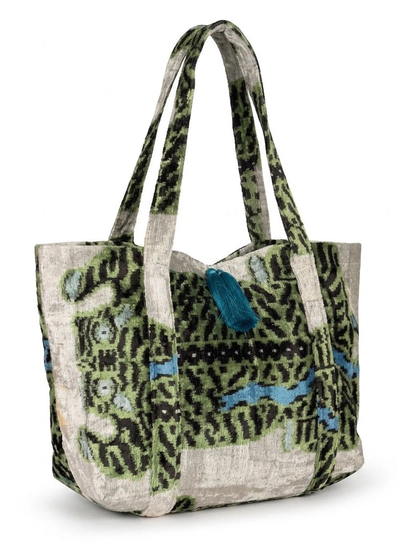 oversized silk velvet ikat jungle cat print bag front view