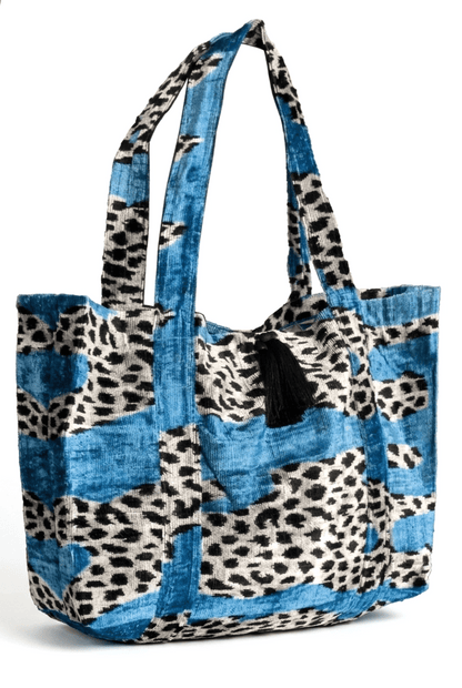 Silk velvet ikat shoulder bag with blue accents