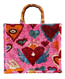 Pink Multicolor Heart Velvet Large Tote Bag – Handmade with Bamboo Handles