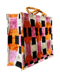 Pink Orange Geometric Ikat Velvet Bamboo Handle Large Tote Bag Side view