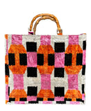 Pink Orange Geometric Ikat Velvet Bamboo Handle Large Tote Bag