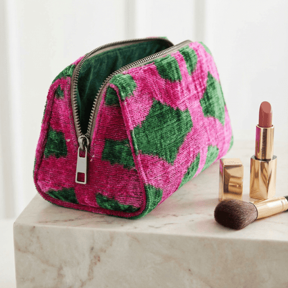 Handmade pink green silk velvet ikat cosmetic makeup bag with rich texture and bold pattern