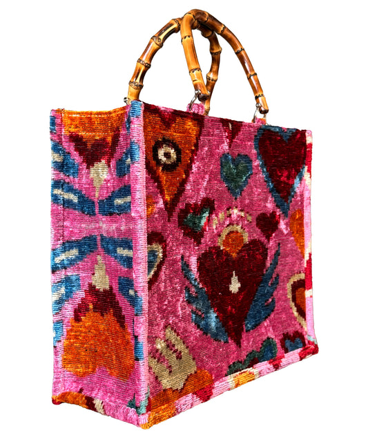 Pink Multicolor Heart Ikat Velvet Large Tote Bag – Handmade with Bamboo Handles