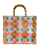 Pink, Orange, and Green Ikat Velvet Large Tote Bag with Bamboo Handle