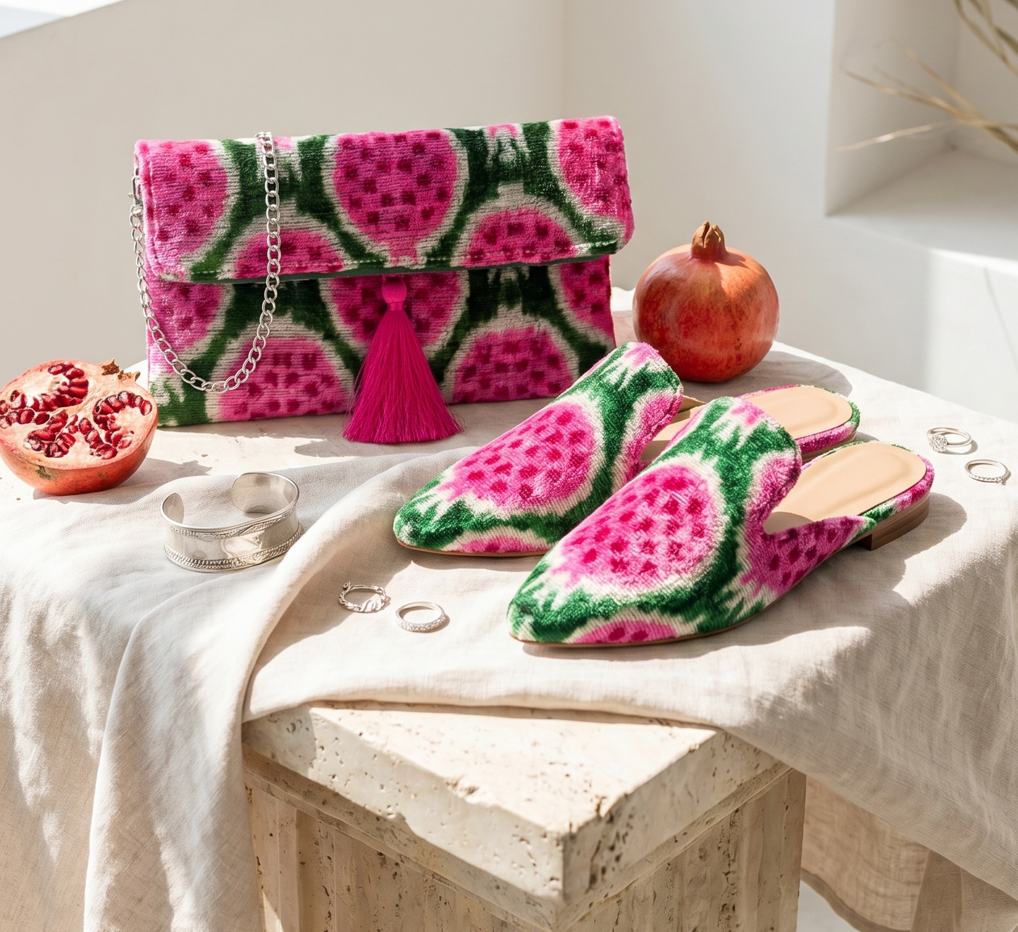 Watermelon-patterned slippers and handbag on a table with pomegranates.