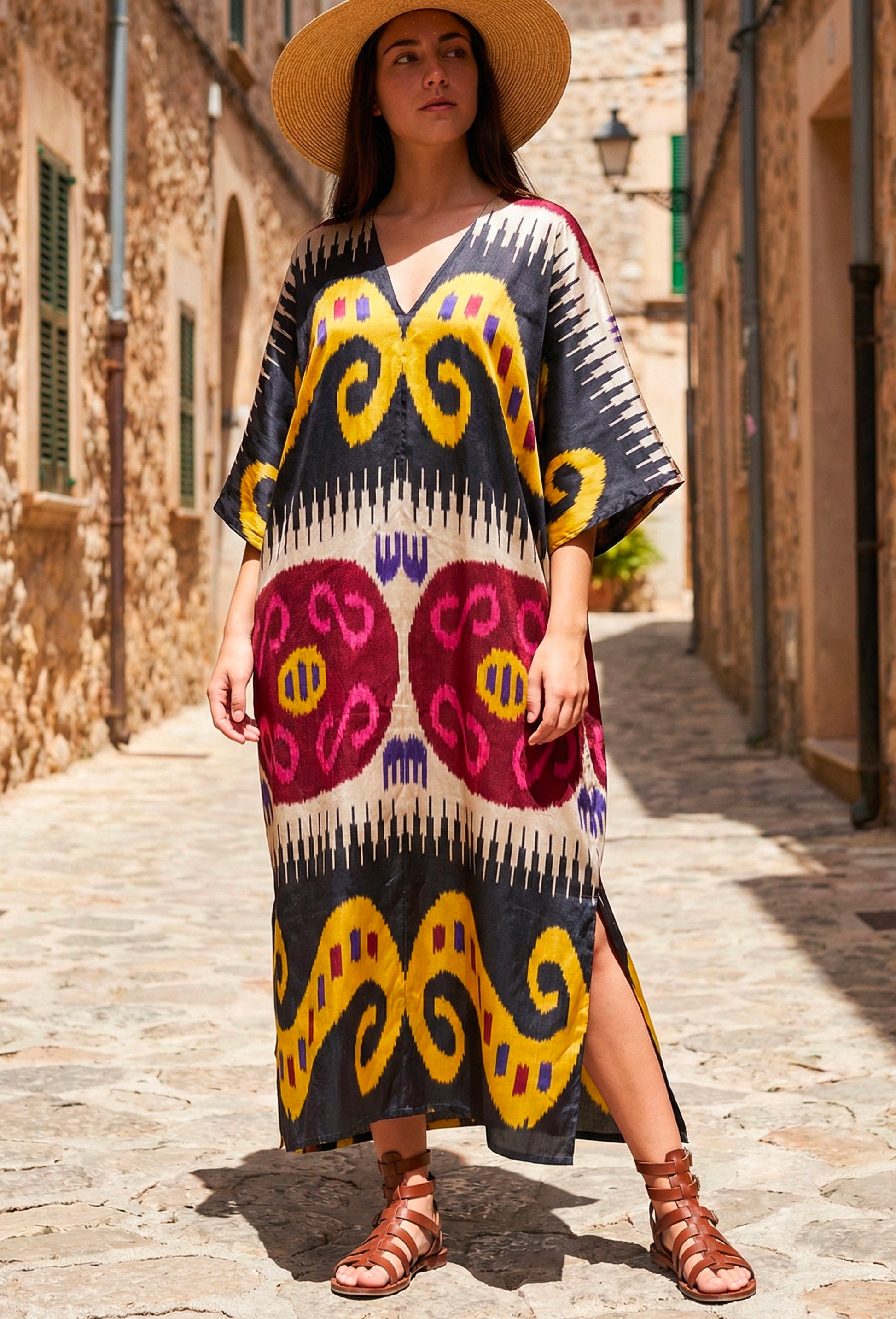 Silk Ikat Caftan in black multi front view