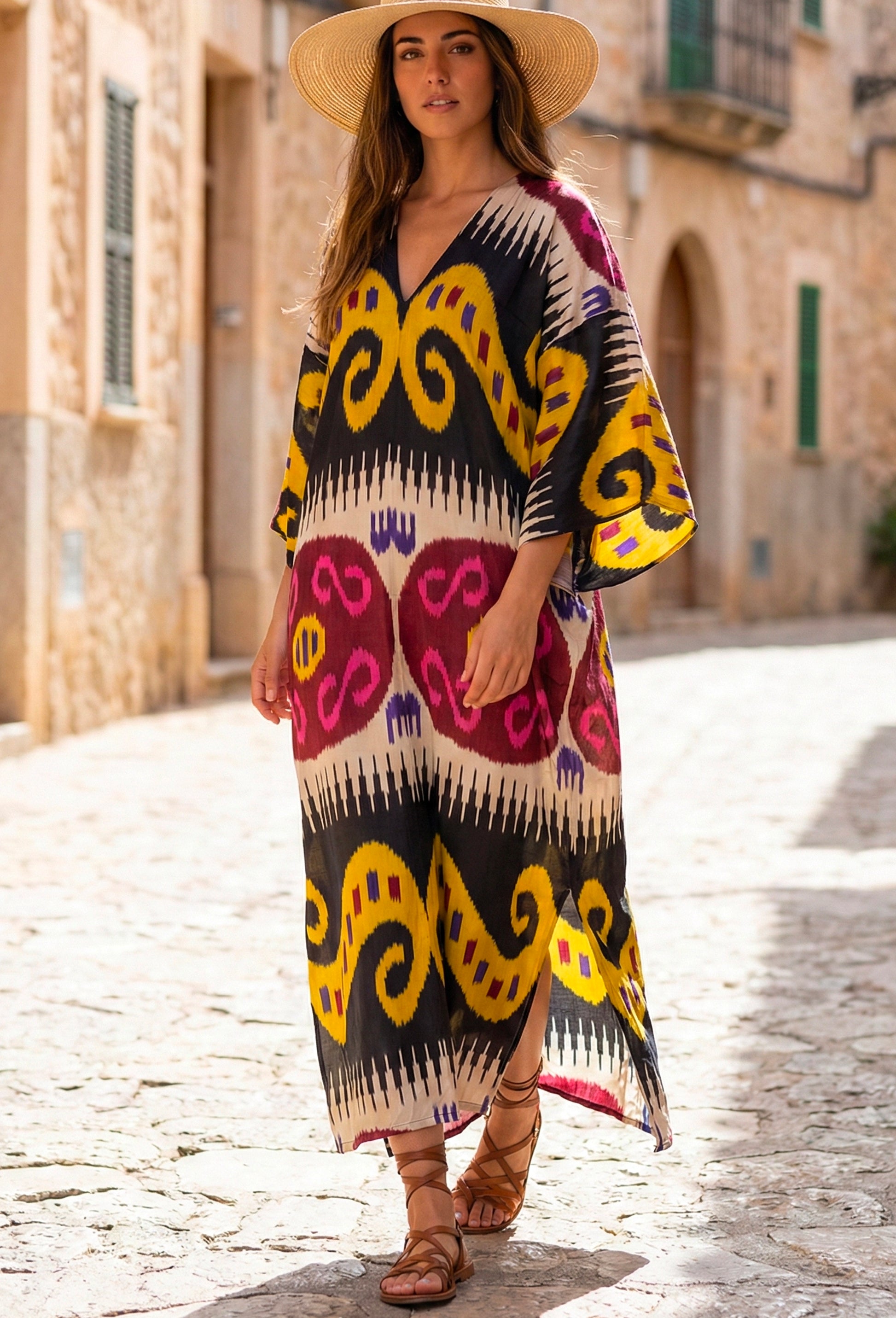 Artisan black ikat dress flowing silhouette