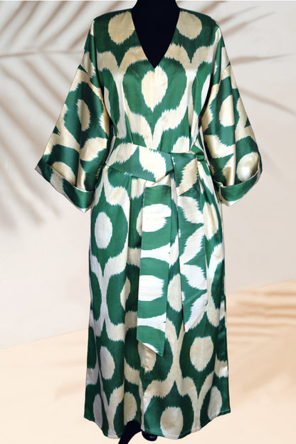 Green Circle Silk Ikat Kimono Dress