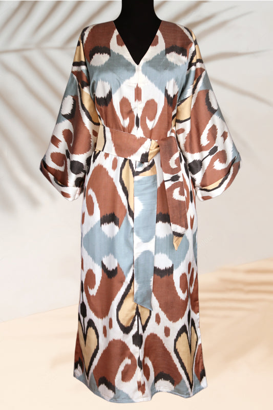 Silk Ikat Caftan Dress Brown and Blue