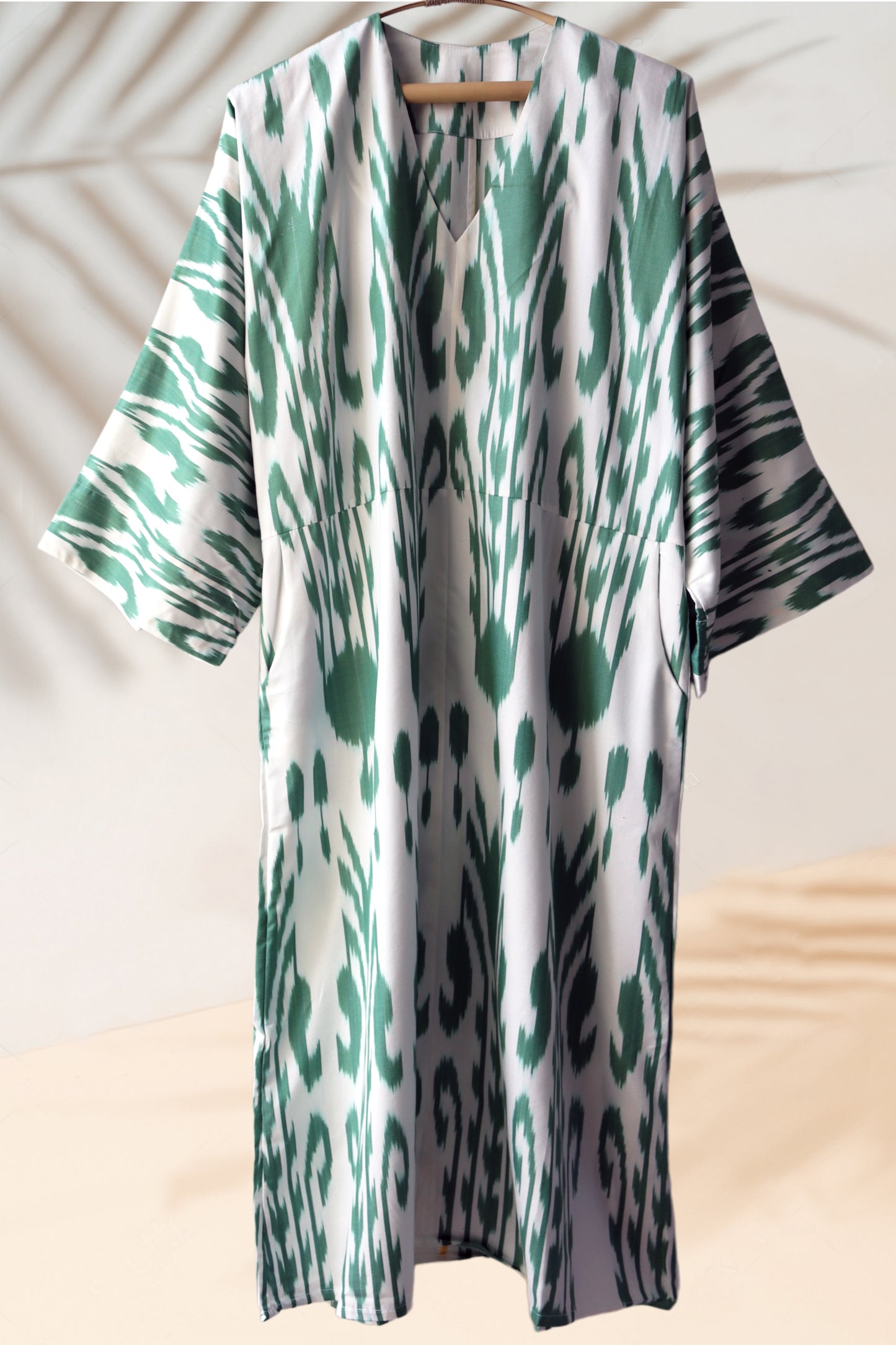 Silk Ikat Caftan Green and White Dress