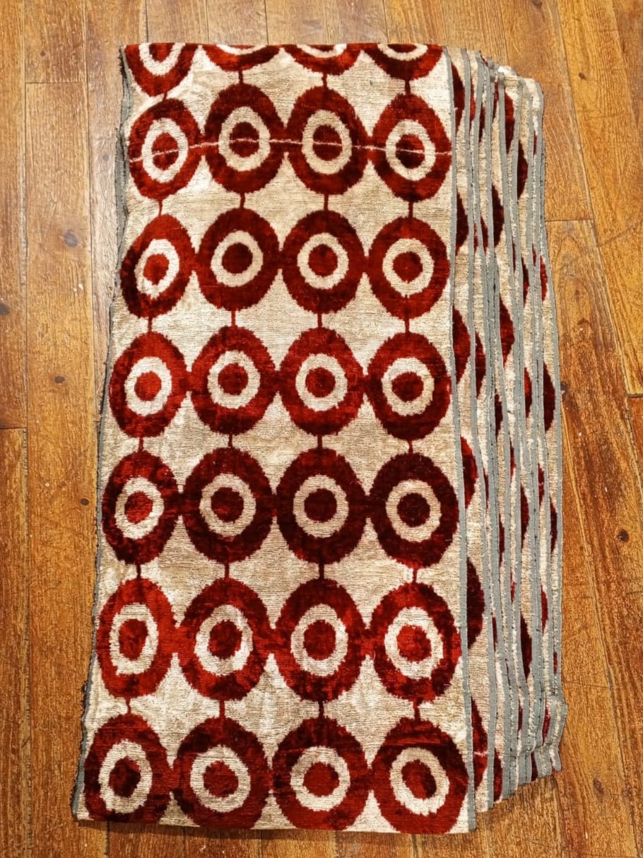 Silk Velvet Ikat Fabric Handwoven Circle Motif in Rich Red & Cream