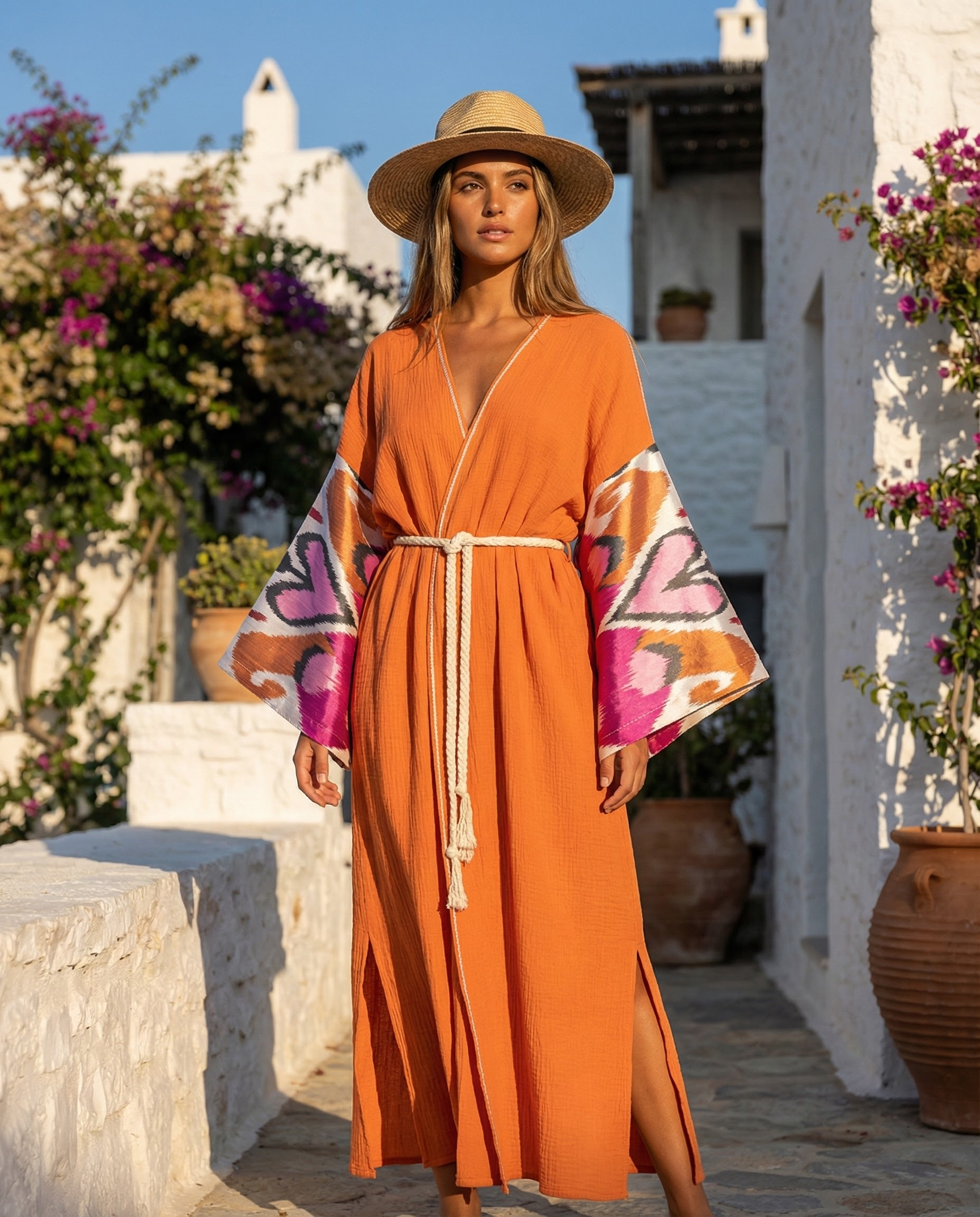 Woman in an orange muslin dress with colorful silk ikat sleeves standing in a sunlit outdoor setting.