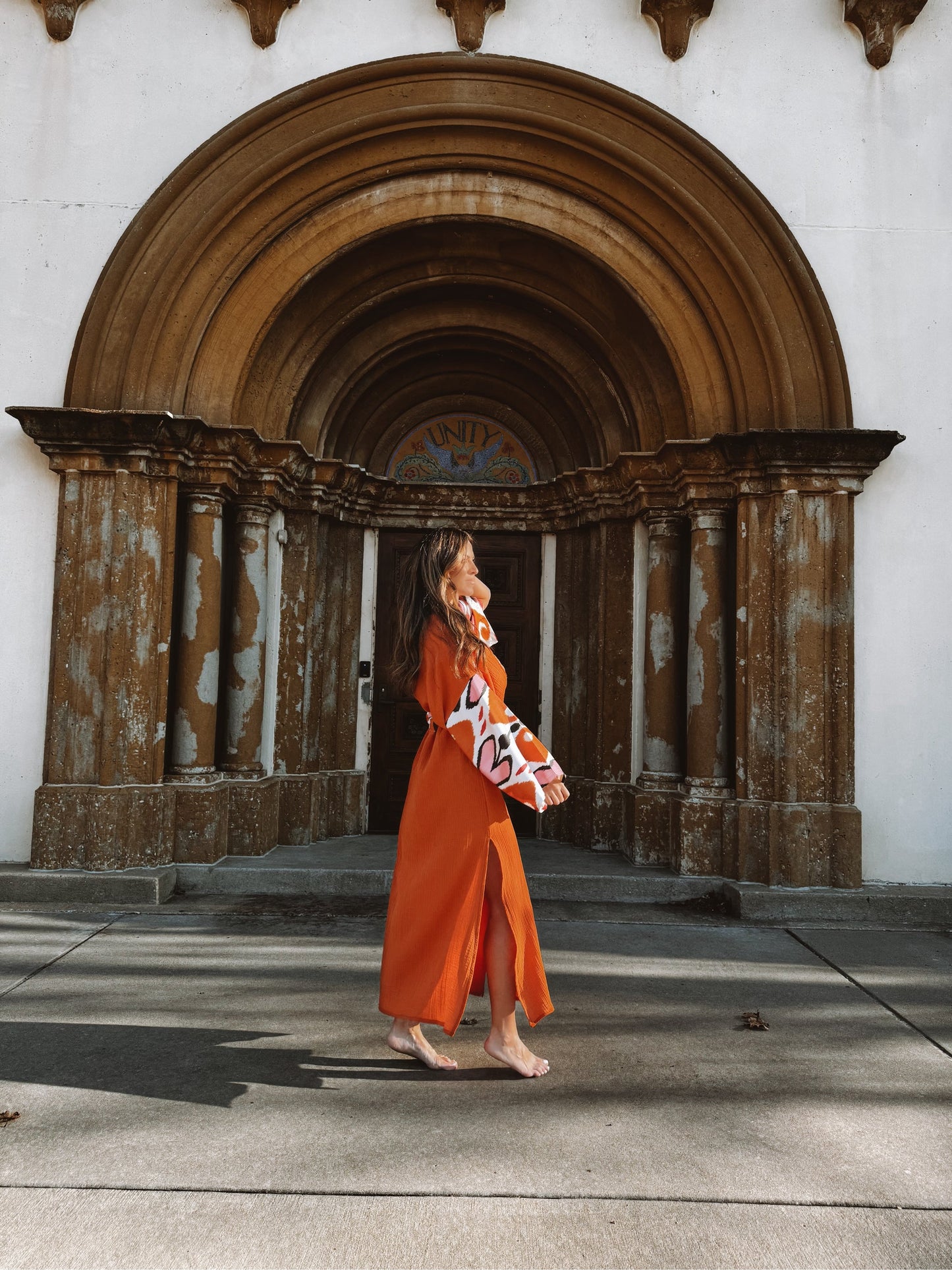 Terracotta burnt orange artisan silk ikat and muslin cotton dressing gown