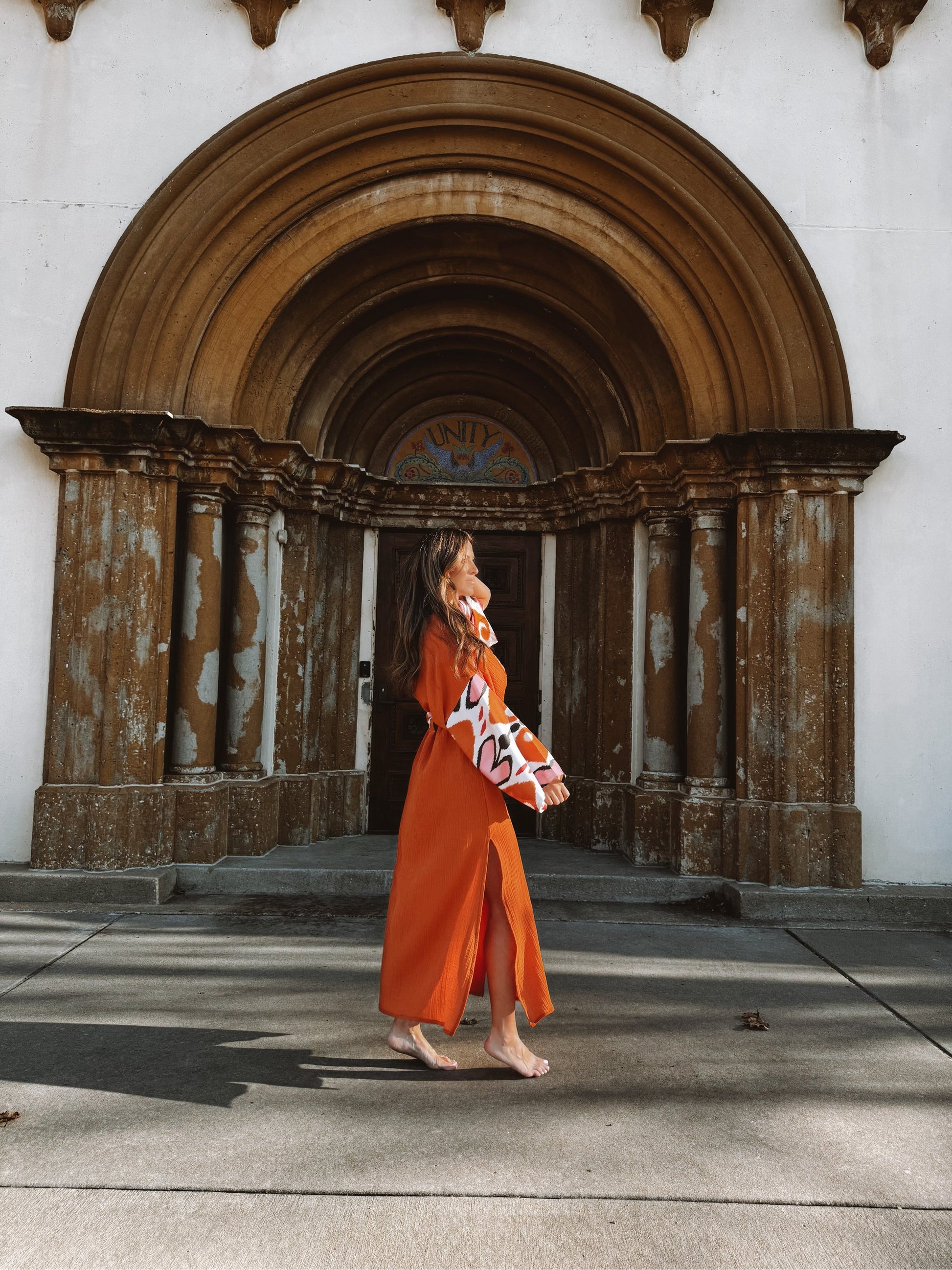 Terracotta burnt orange artisan silk ikat and muslin cotton dressing gown