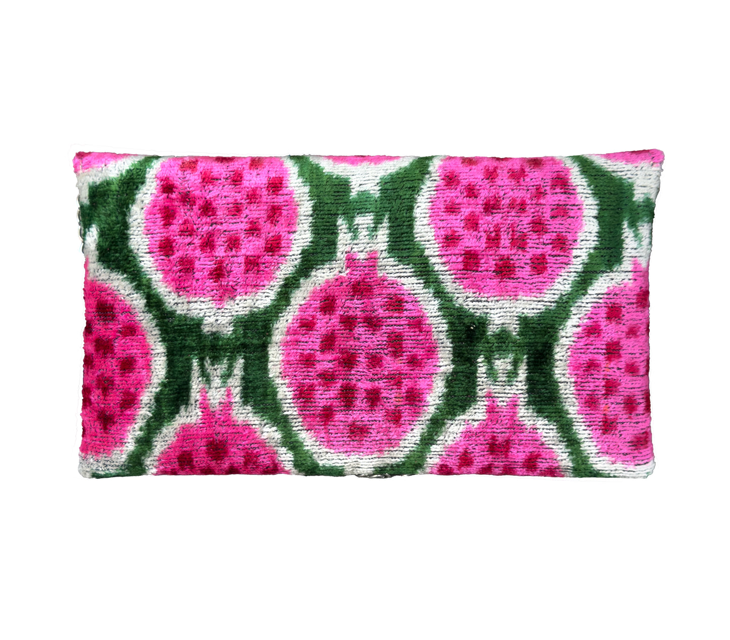 Silk velvet ikat clutch with pink and green pattern on a white background