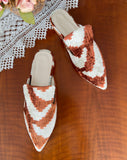 Silk Velvet Ikat Slippers – Terracotta Mirage ikat handmade sharp pointed toes slippers