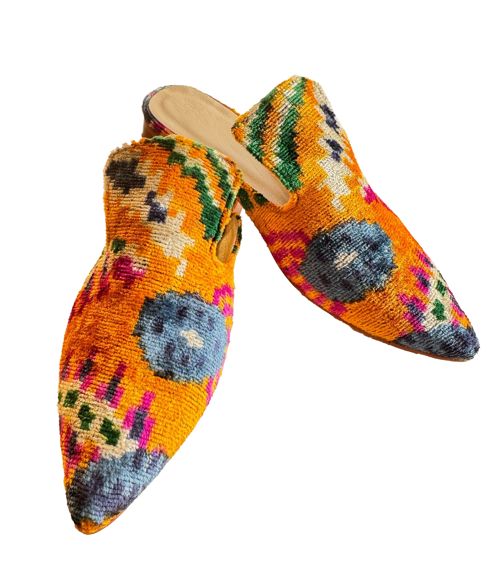 Silk Velvet Ikat Slippers – Vibrant Handmade Design