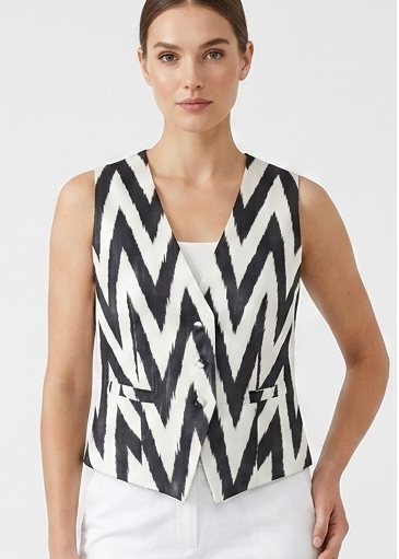 Black and white silk ikat vest with cotton lining and front button closure