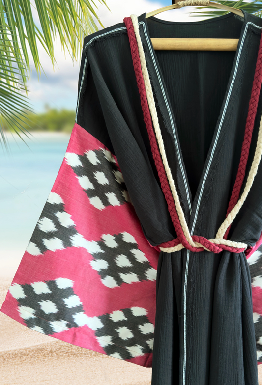 Silk ikat muslin robe caftan black burgandry