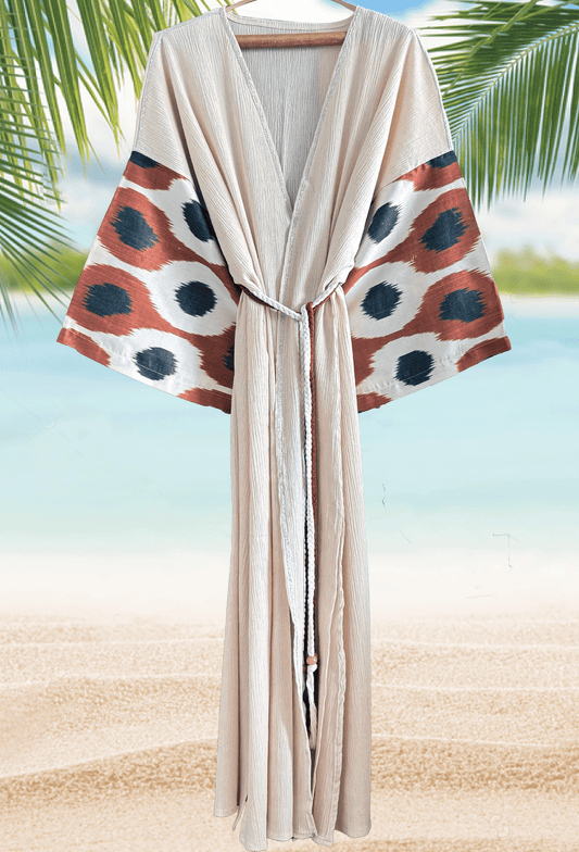 Luxury beach cover-up with handwoven silk ikat in copper tones