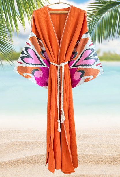 Silk ikat kimono caftan orange muslin robe