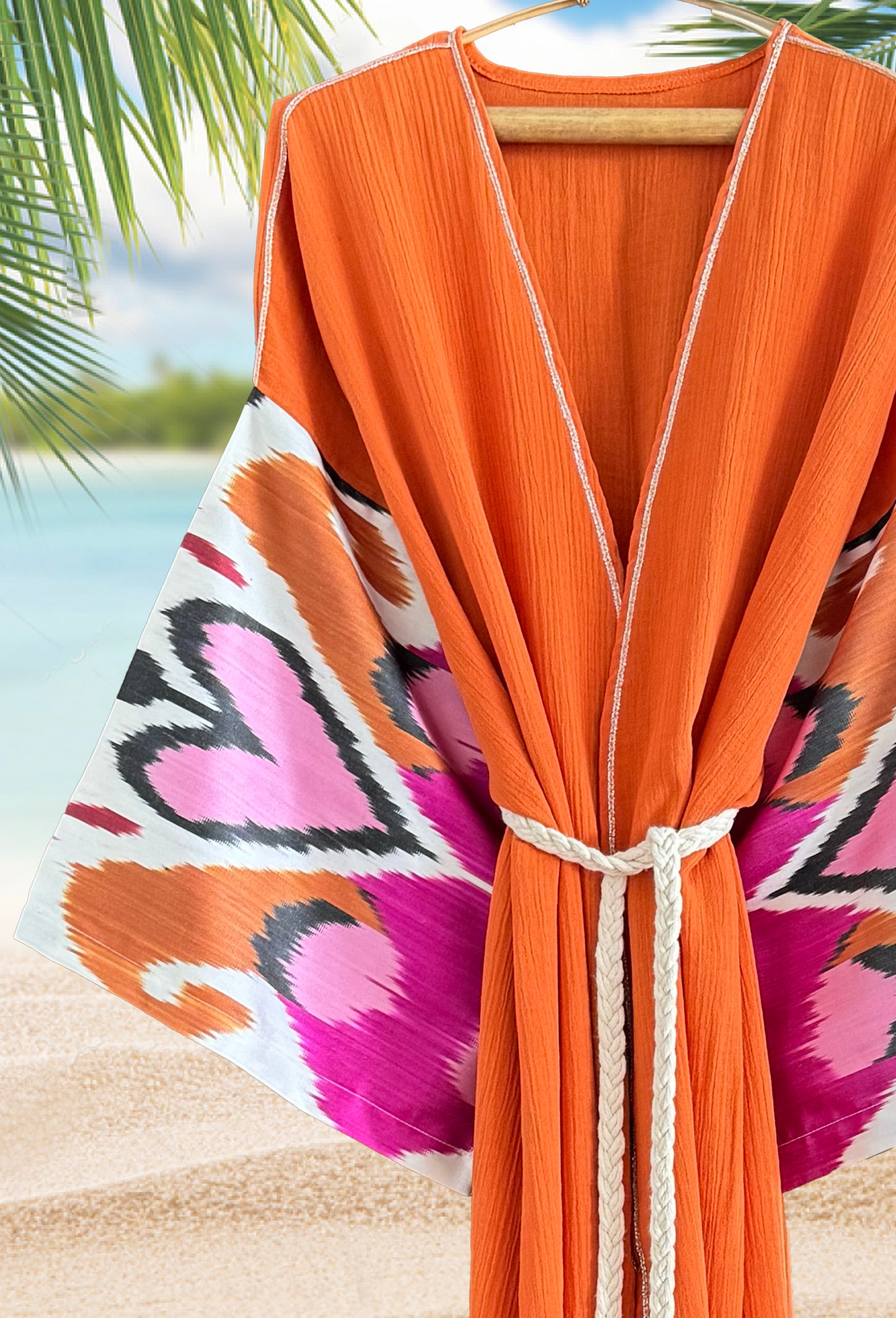 Silk ikat muslin orange robe kimono caftan