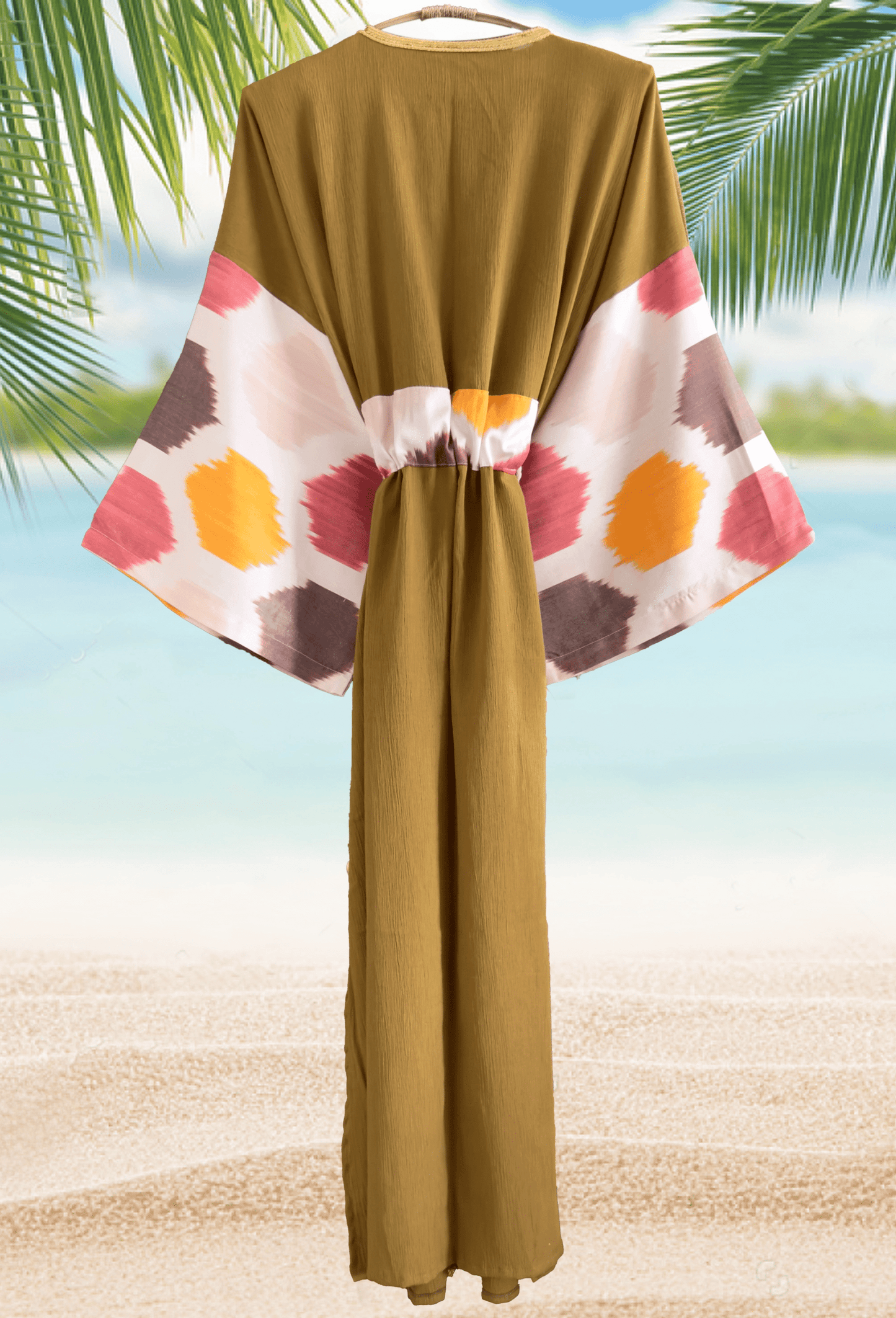 Handwoven silk ikat and muslin cotton dressing gown in warm spice colors