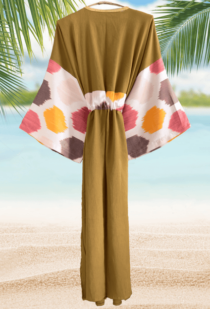 Handwoven silk ikat and muslin cotton dressing gown in warm spice colors