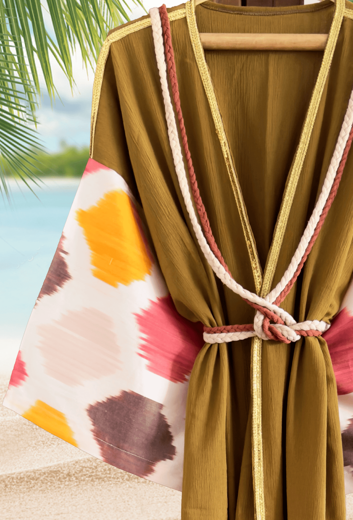 Spice colored muslin kimono robe with brown and orange silk ikat sleeves