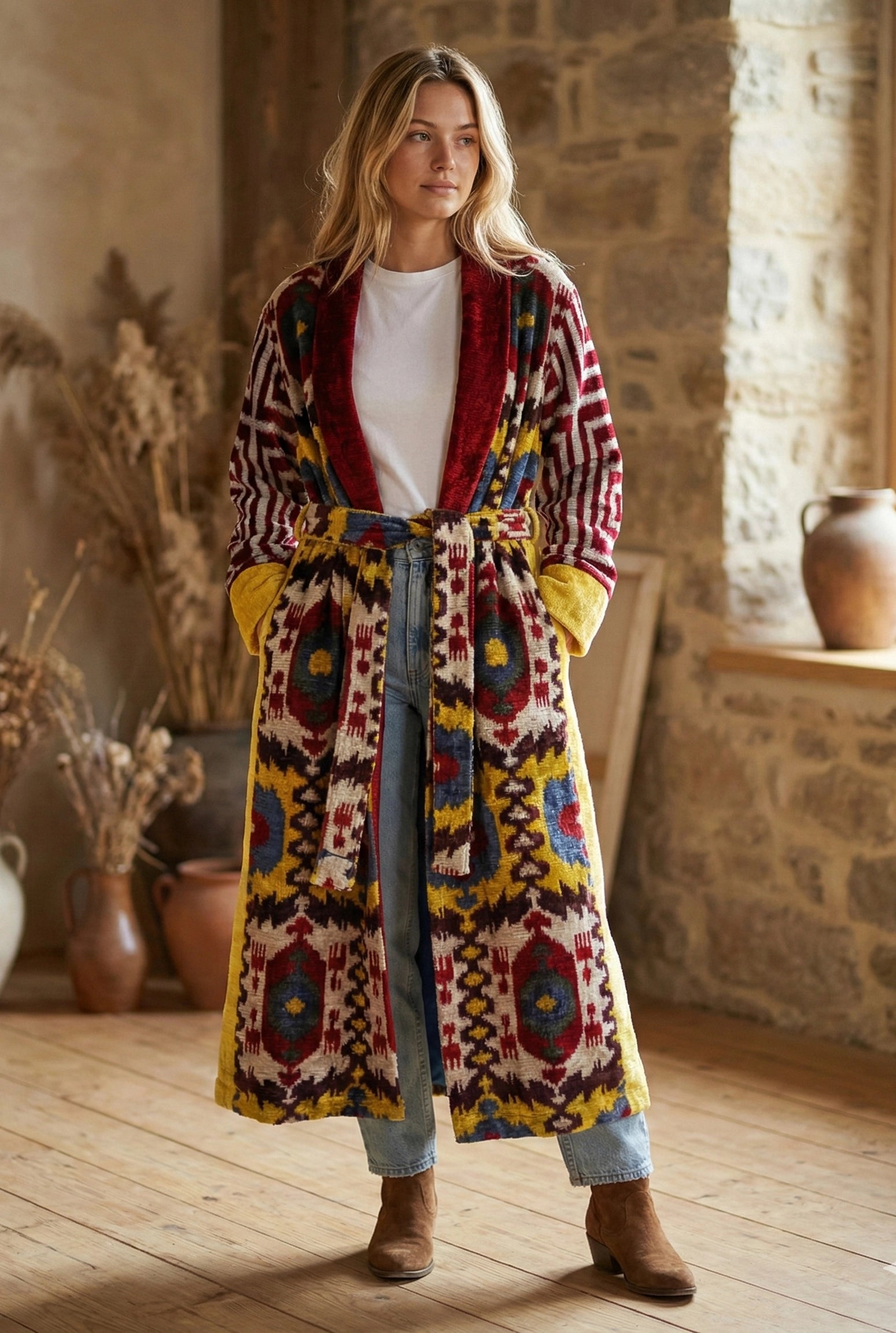 Silk Velvet Ikat Patchwork Coat - MIASETASilk Velvet Ikat Patchwork CoatCaftan&Dress
