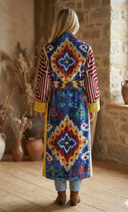 Silk Velvet Ikat Patchwork Coat - MIASETASilk Velvet Ikat Patchwork CoatCaftan&Dress