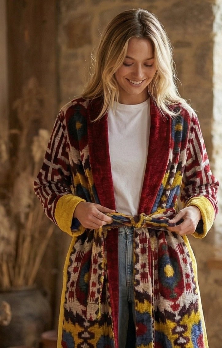 Silk Velvet Ikat Patchwork Coat - MIASETASilk Velvet Ikat Patchwork