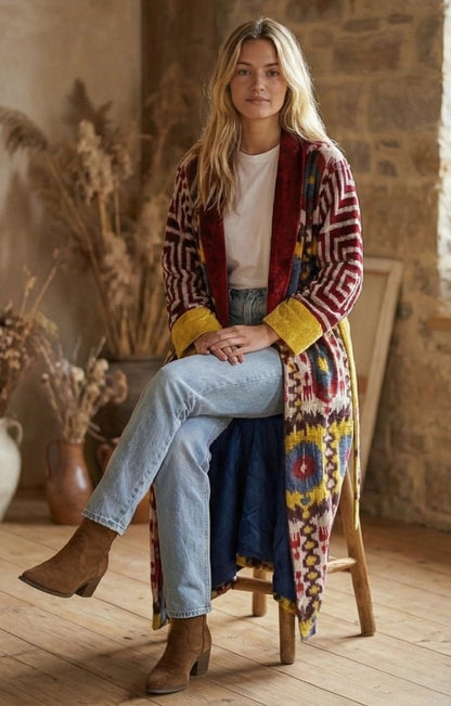 Silk Velvet Ikat Patchwork Coat - MIASETASilk Velvet Ikat Patchwork Coat