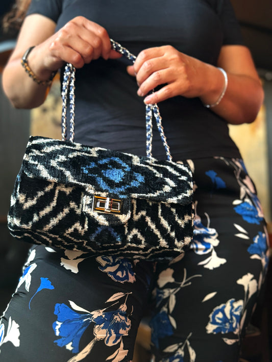 Wholesale handmade silk velvet ikat coco bag blue_01